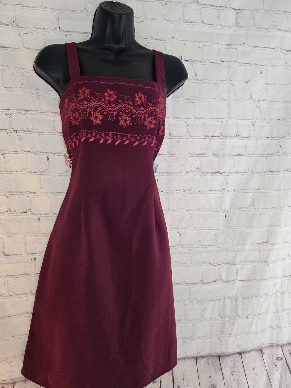 Vtg y2k 'No Boundaries' Burgundy floral trim boho preppy whimsigoth mini dress L - Picture 2 of 8